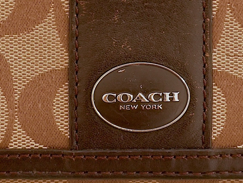 Coach Wallet Vintage Brown Beige Leather Canvas Long Flap Purse Logo Women's