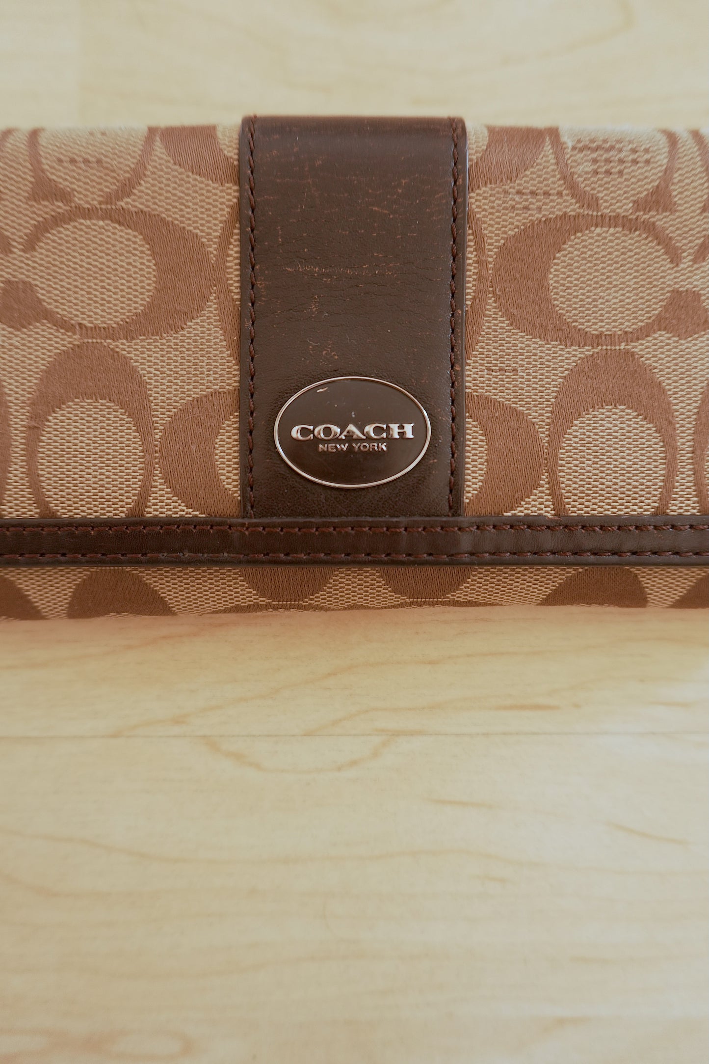 Coach Wallet Vintage Brown Beige Leather Canvas Long Flap Purse Logo Women's