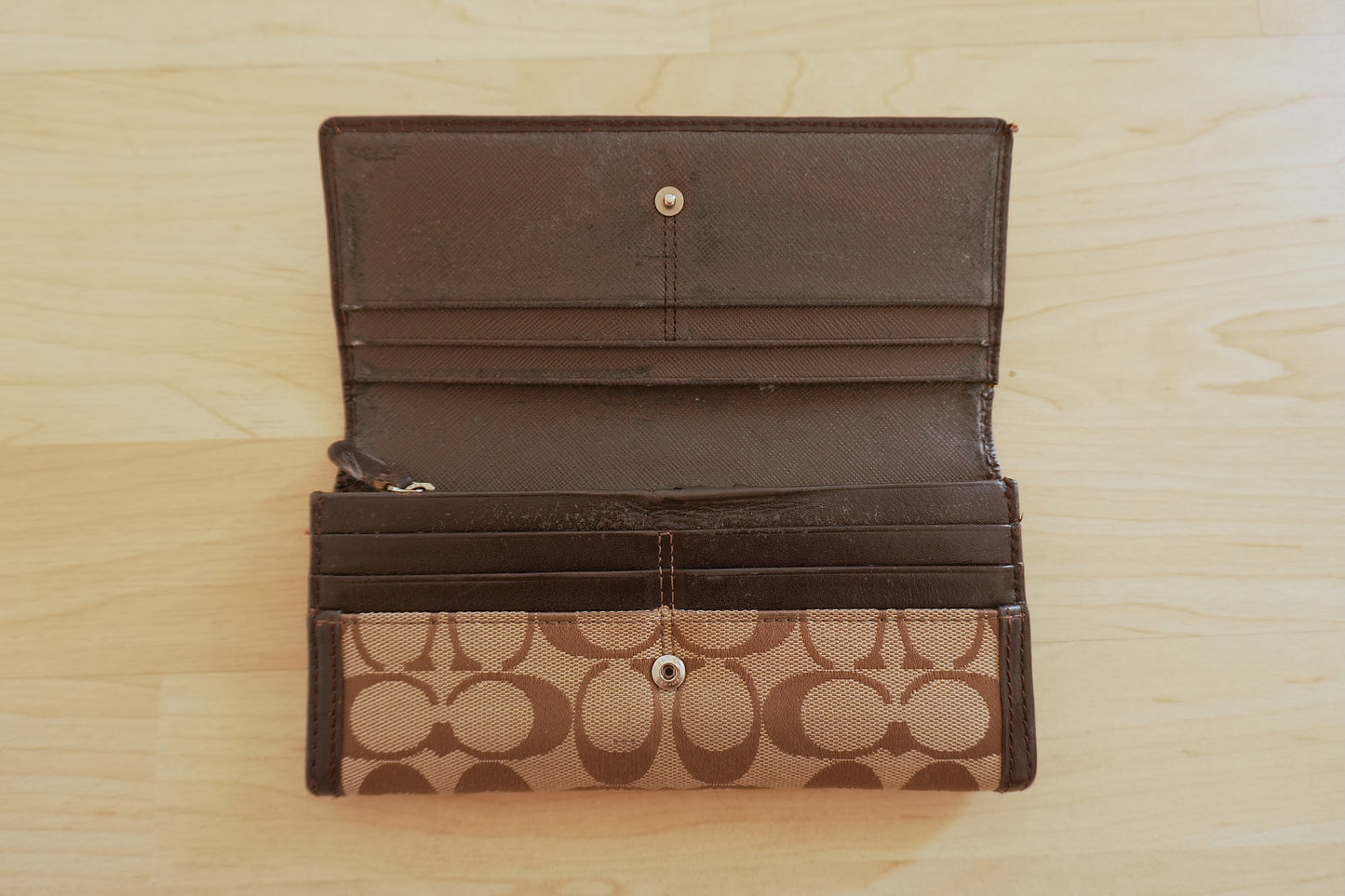 Coach Wallet Vintage Brown Beige Leather Canvas Long Flap Purse Logo Women's