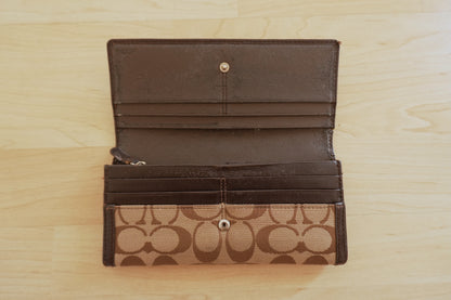 Coach Wallet Vintage Brown Beige Leather Canvas Long Flap Purse Logo Women's