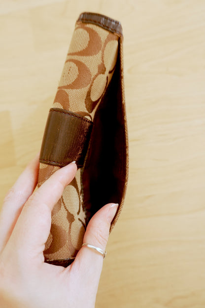 Coach Wallet Vintage Brown Beige Leather Canvas Long Flap Purse Logo Women's