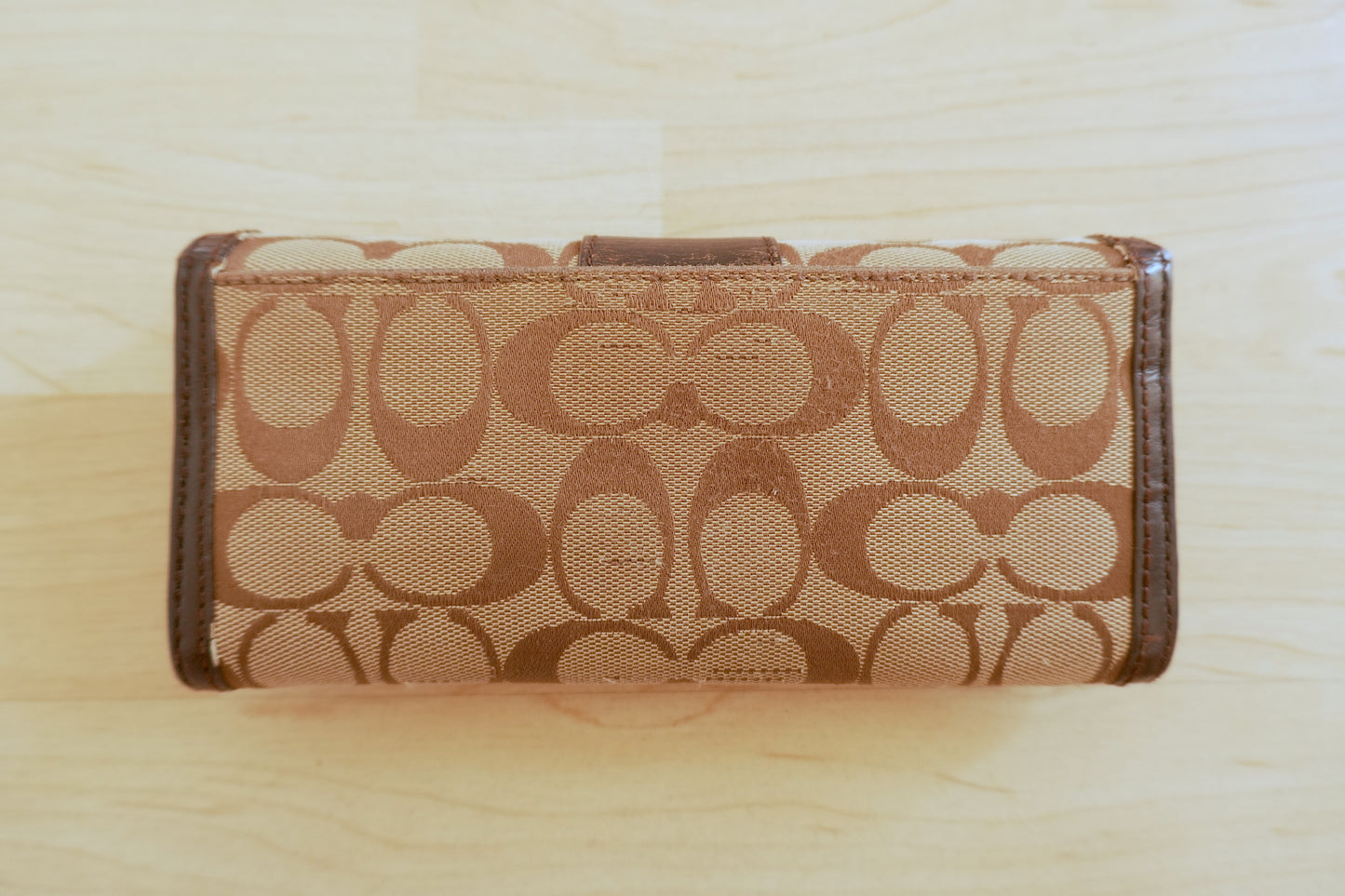 Coach Wallet Vintage Brown Beige Leather Canvas Long Flap Purse Logo Women's