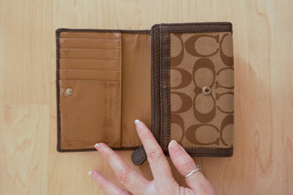 Coach Purse Vintage Brown Beige Canvas Leather Wallet Women's Monogram Stud