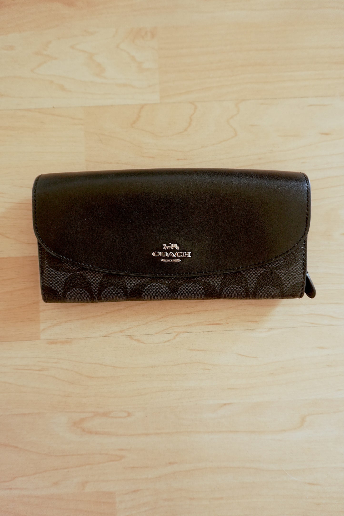 Coach Wallet Black Leather Long Flap Purse Silver Logo Zip Women's