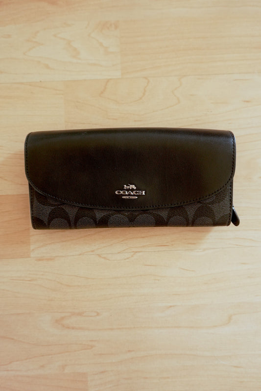 Coach Wallet Black Leather Long Flap Purse Silver Logo Zip Women's