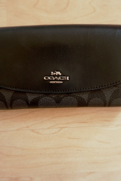 Coach Wallet Black Leather Long Flap Purse Silver Logo Zip Women's