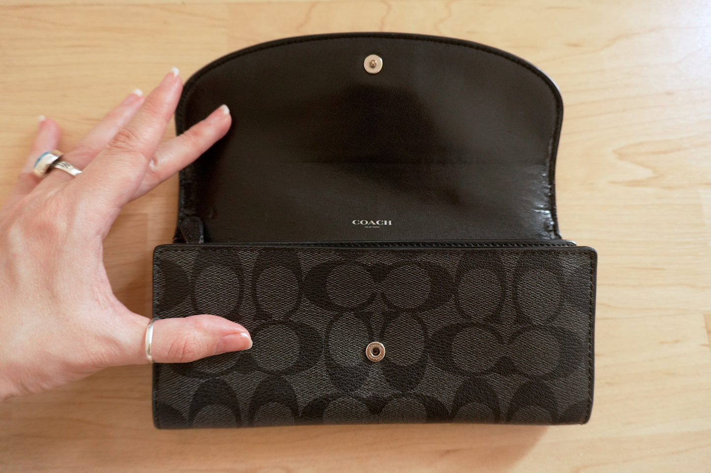 Coach Wallet Black Leather Long Flap Purse Silver Logo Zip Women's