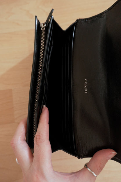Coach Wallet Black Leather Long Flap Purse Silver Logo Zip Women's