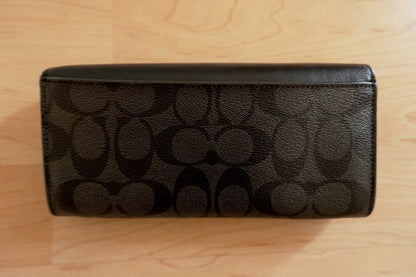 Coach Wallet Black Leather Long Flap Purse Silver Logo Zip Women's