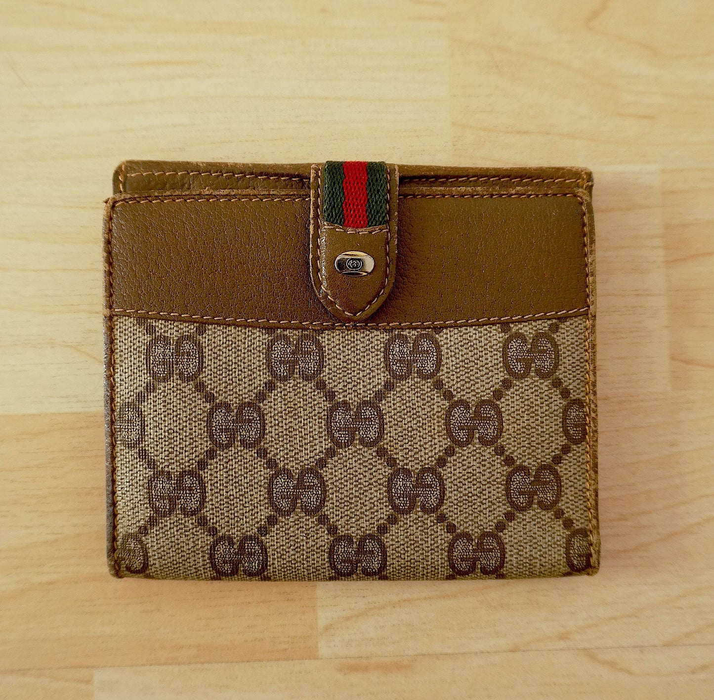 Vintage Gucci GG Wallet Brown Leather Sherry Web Stripe Bifold Men’s Gold Logo
