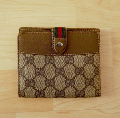 Vintage Gucci GG Wallet Brown Leather Sherry Web Stripe Bifold Men’s Gold Logo
