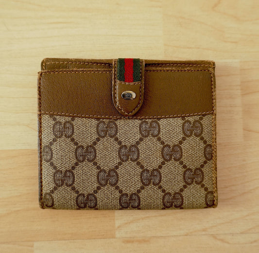Vintage Gucci GG Wallet Brown Leather Sherry Web Stripe Bifold Men’s Gold Logo