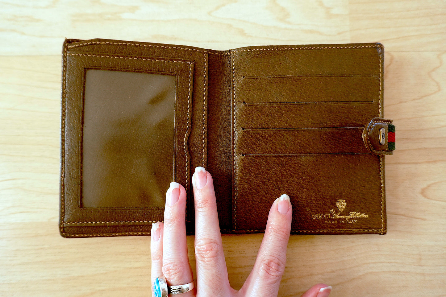 Vintage Gucci GG Wallet Brown Leather Sherry Web Stripe Bifold Men’s Gold Logo