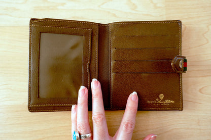 Vintage Gucci GG Wallet Brown Leather Sherry Web Stripe Bifold Men’s Gold Logo