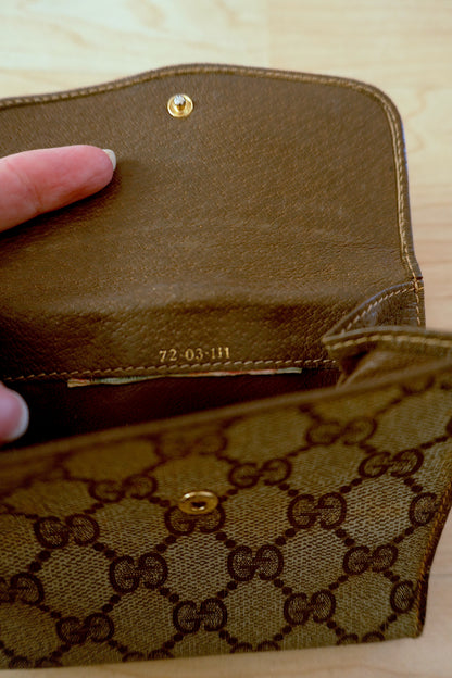 Vintage Gucci GG Wallet Brown Leather Sherry Web Stripe Bifold Men’s Gold Logo