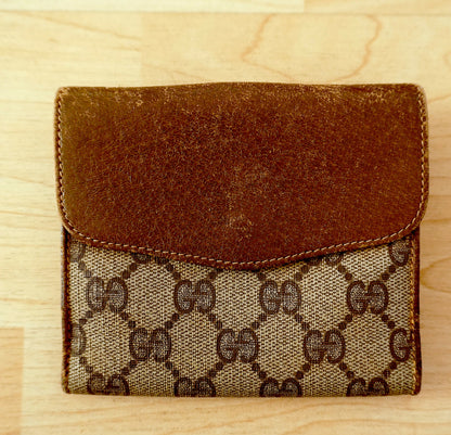 Vintage Gucci GG Wallet Brown Leather Sherry Web Stripe Bifold Men’s Gold Logo