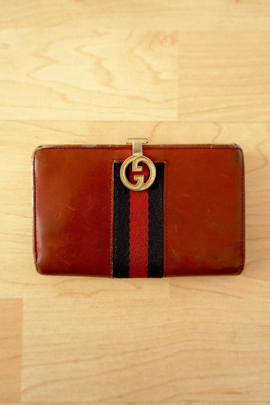 Vintage Gucci Red Leather Ophidia Wallet Gold GG Clasp Web Strip Women's