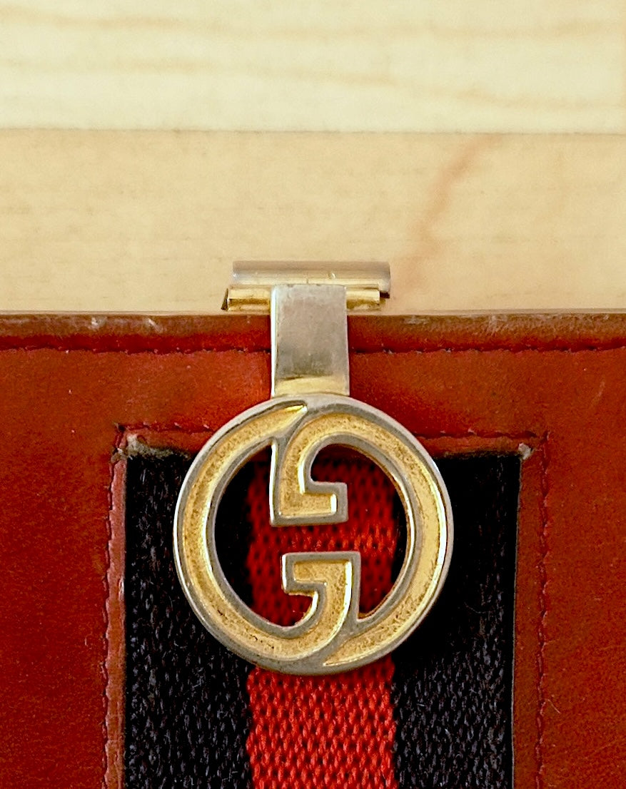 Vintage Gucci Red Leather Ophidia Wallet Gold GG Clasp Web Strip Women's