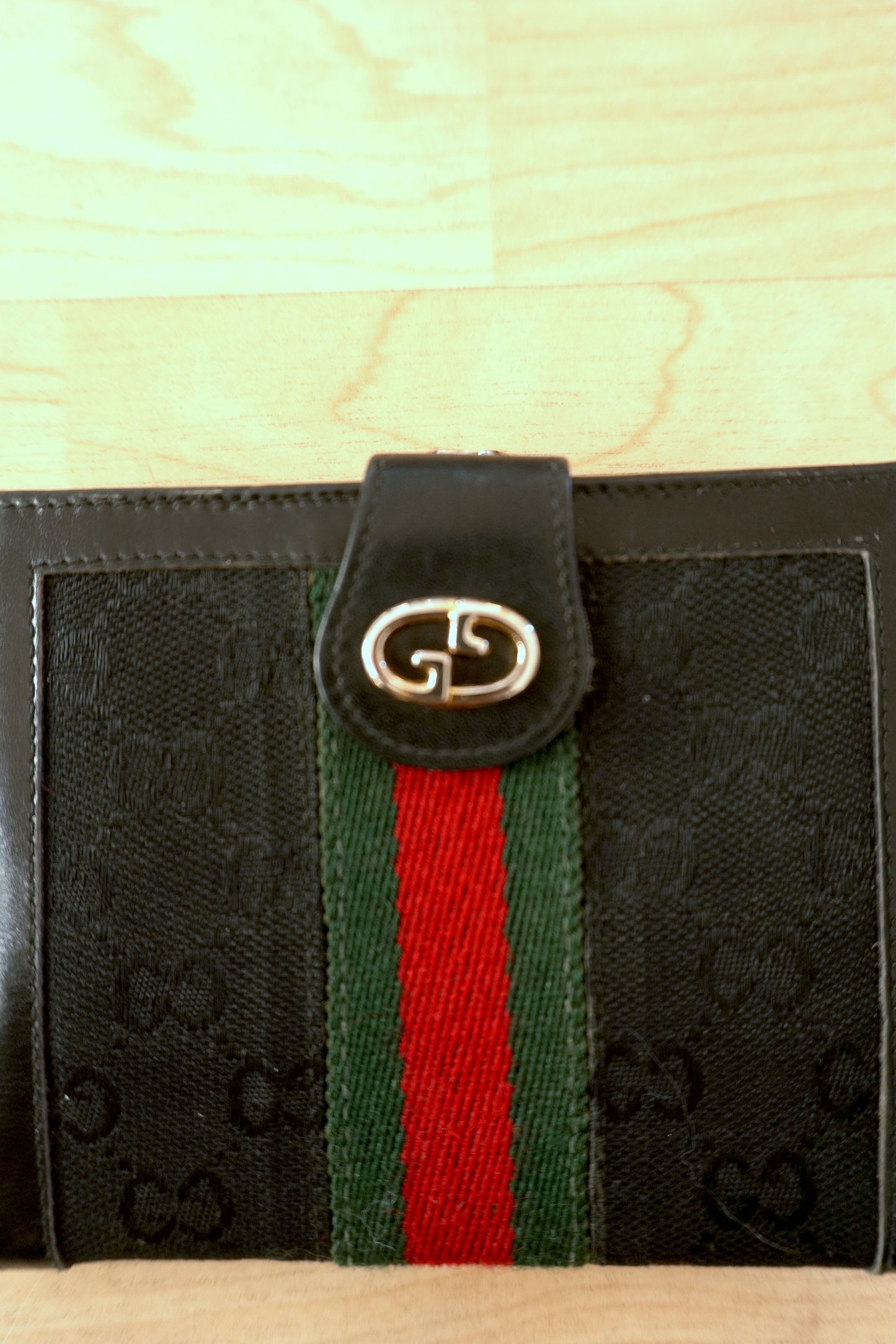 Vintage Gucci GG Canvas Wallet Black Leather Web Stripe Silver Logo Monogram