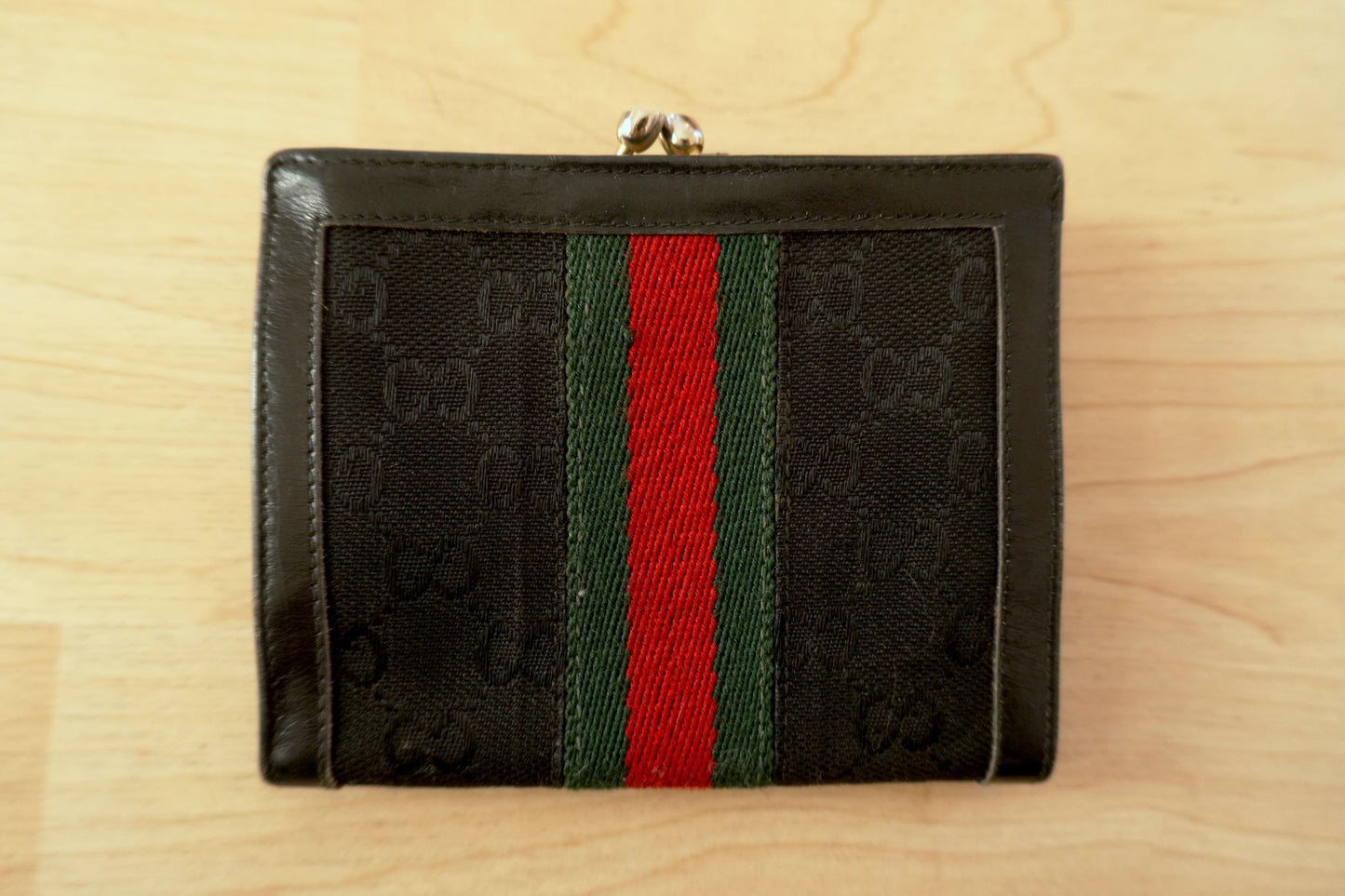 Vintage Gucci GG Canvas Wallet Black Leather Web Stripe Silver Logo Monogram