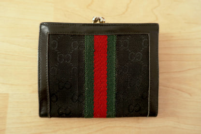 Vintage Gucci GG Canvas Wallet Black Leather Web Stripe Silver Logo Monogram