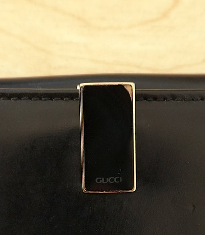 Gucci Vintage Black Leather Wallet Bifold Gold Enamel Logo Clasp Coin Pocket