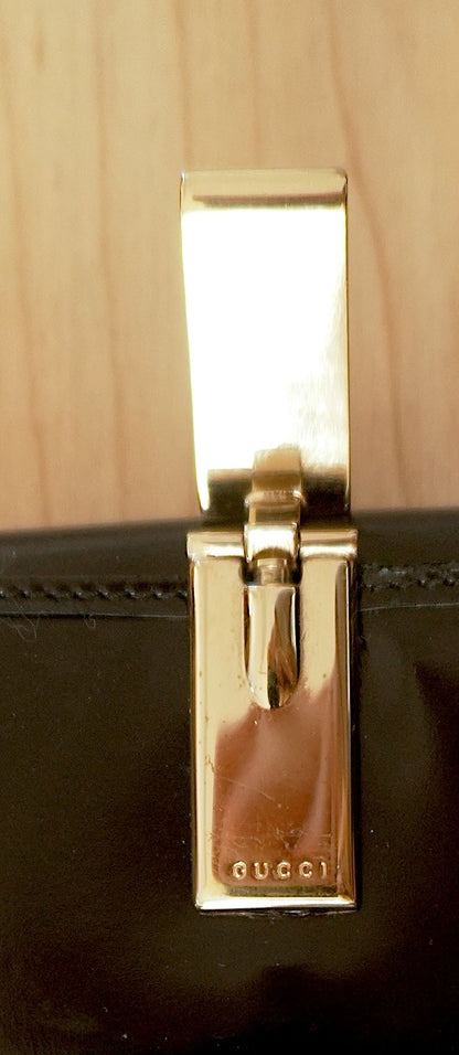 Gucci Vintage Black Leather Wallet Bifold Gold Enamel Logo Clasp Coin Pocket