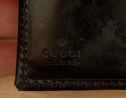 Gucci Vintage Black Leather Wallet Bifold Gold Enamel Logo Clasp Coin Pocket