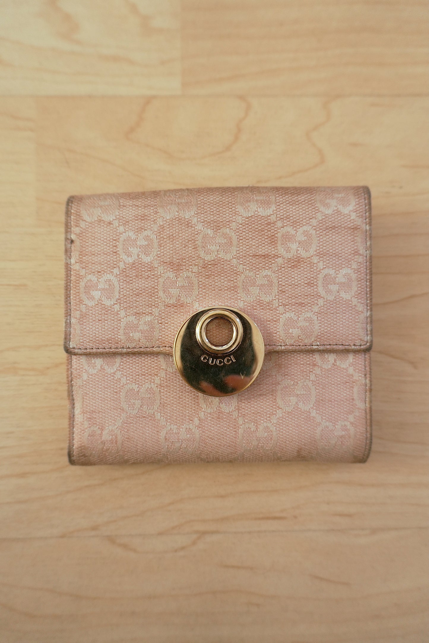 Gucci Vintage Wallet Light Pink GG Canvas Leather Silver Circle Clasp Bifold