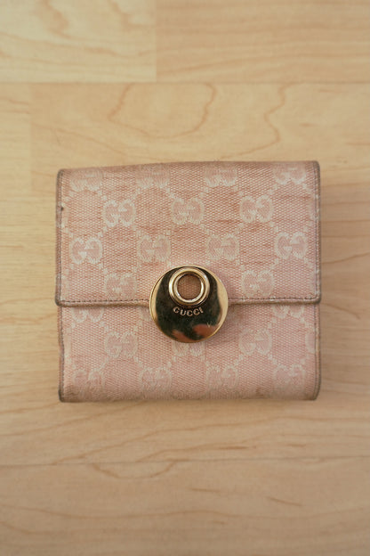 Gucci Vintage Wallet Light Pink GG Canvas Leather Silver Circle Clasp Bifold