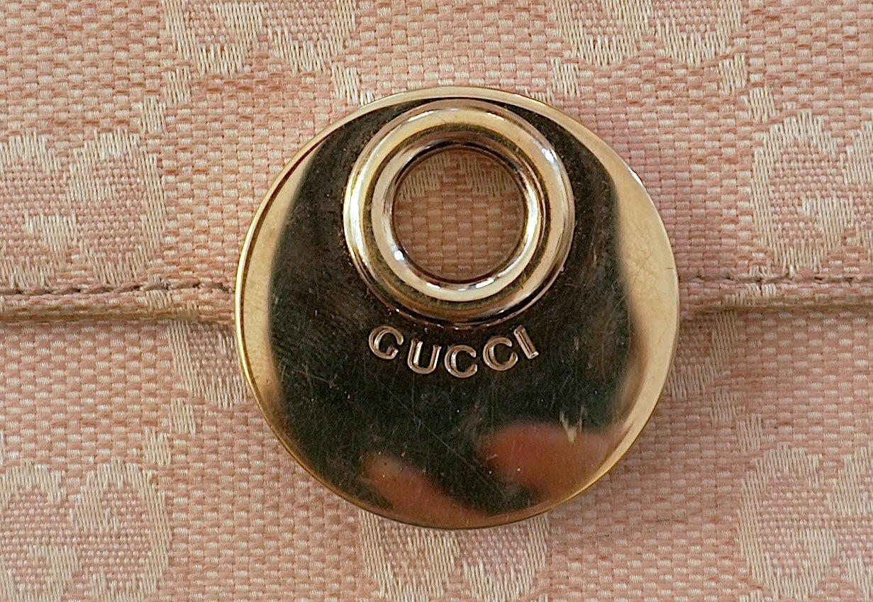 Gucci Vintage Wallet Light Pink GG Canvas Leather Silver Circle Clasp Bifold