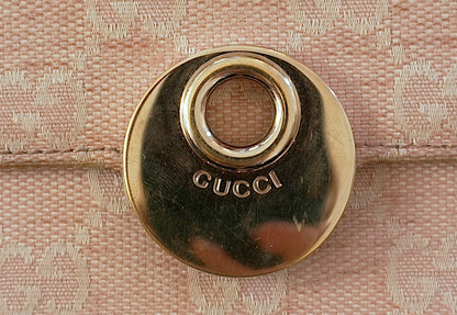 Gucci Vintage Wallet Light Pink GG Canvas Leather Silver Circle Clasp Bifold