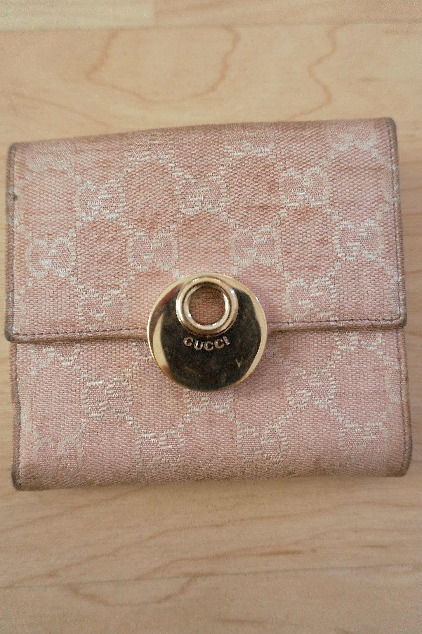 Gucci Vintage Wallet Light Pink GG Canvas Leather Silver Circle Clasp Bifold