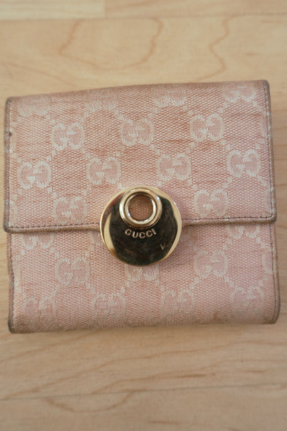 Gucci Vintage Wallet Light Pink GG Canvas Leather Silver Circle Clasp Bifold