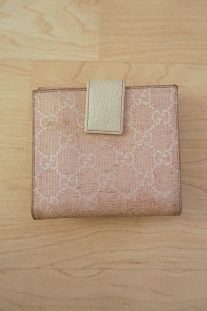 Gucci Vintage Wallet Light Pink GG Canvas Leather Silver Circle Clasp Bifold
