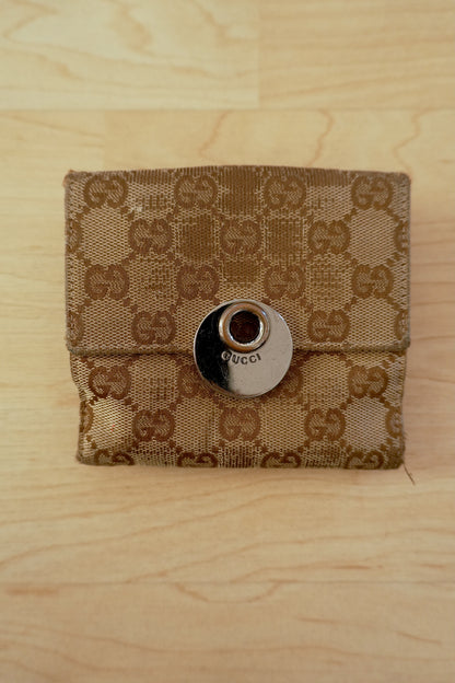 Gucci Wallet Vintage Beige Brown Canvas Leather GG Print Monogram Silver Horsebit Circle Clasp