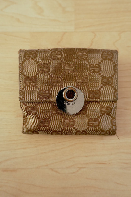 Gucci Wallet Vintage Beige Brown Canvas Leather GG Print Monogram Silver Horsebit Circle Clasp