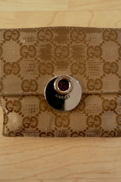 Gucci Wallet Vintage Beige Brown Canvas Leather GG Print Monogram Silver Horsebit Circle Clasp