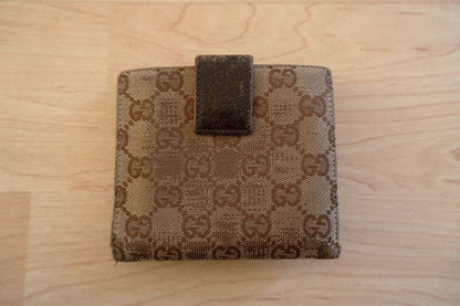 Gucci Wallet Vintage Beige Brown Canvas Leather GG Print Monogram Silver Horsebit Circle Clasp
