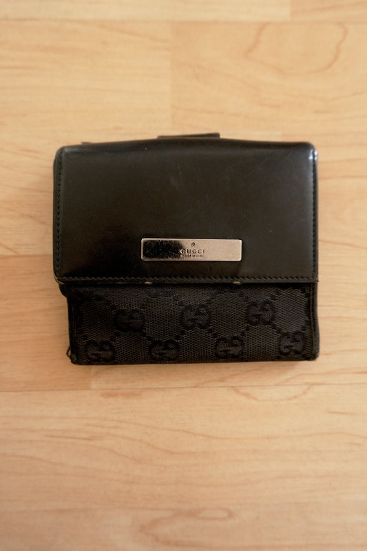 Gucci Vintage Wallet Black GG Canvas Leather Silver Metal Logo Bifold Unisex