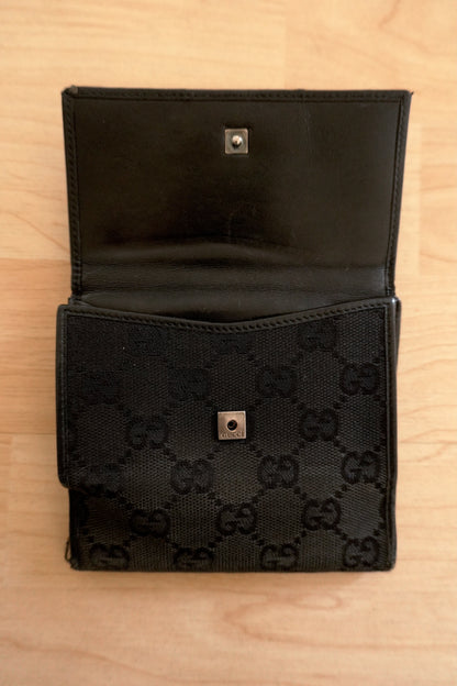 Gucci Vintage Wallet Black GG Canvas Leather Silver Metal Logo Bifold Unisex