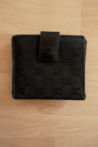 Gucci Vintage Wallet Black GG Canvas Leather Silver Metal Logo Bifold Unisex