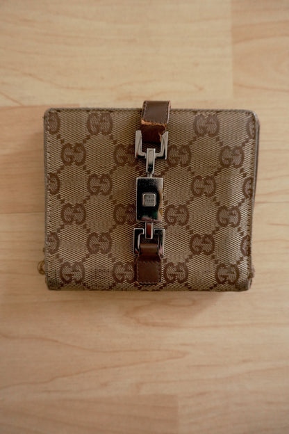 Vintage Gucci GG Monogram Wallet – Beige/Brown Canvas & Leather, Chain Detail