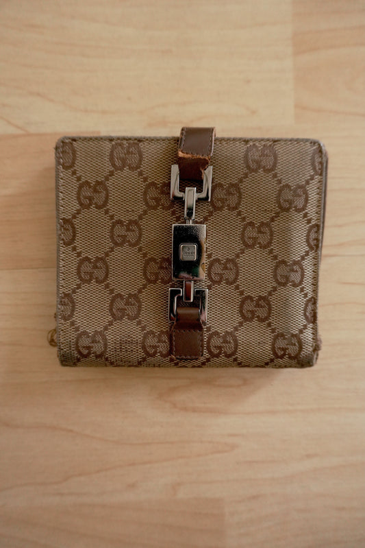 Vintage Gucci GG Monogram Wallet – Beige/Brown Canvas & Leather, Chain Detail