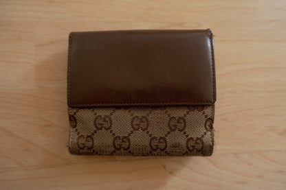 Vintage Gucci GG Monogram Wallet – Beige/Brown Canvas & Leather, Chain Detail