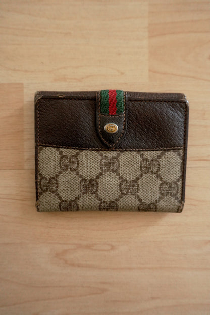 Gucci Vintage Wallet Sherry Brown Beige Leather GG Monogram Bifold Gold Logo