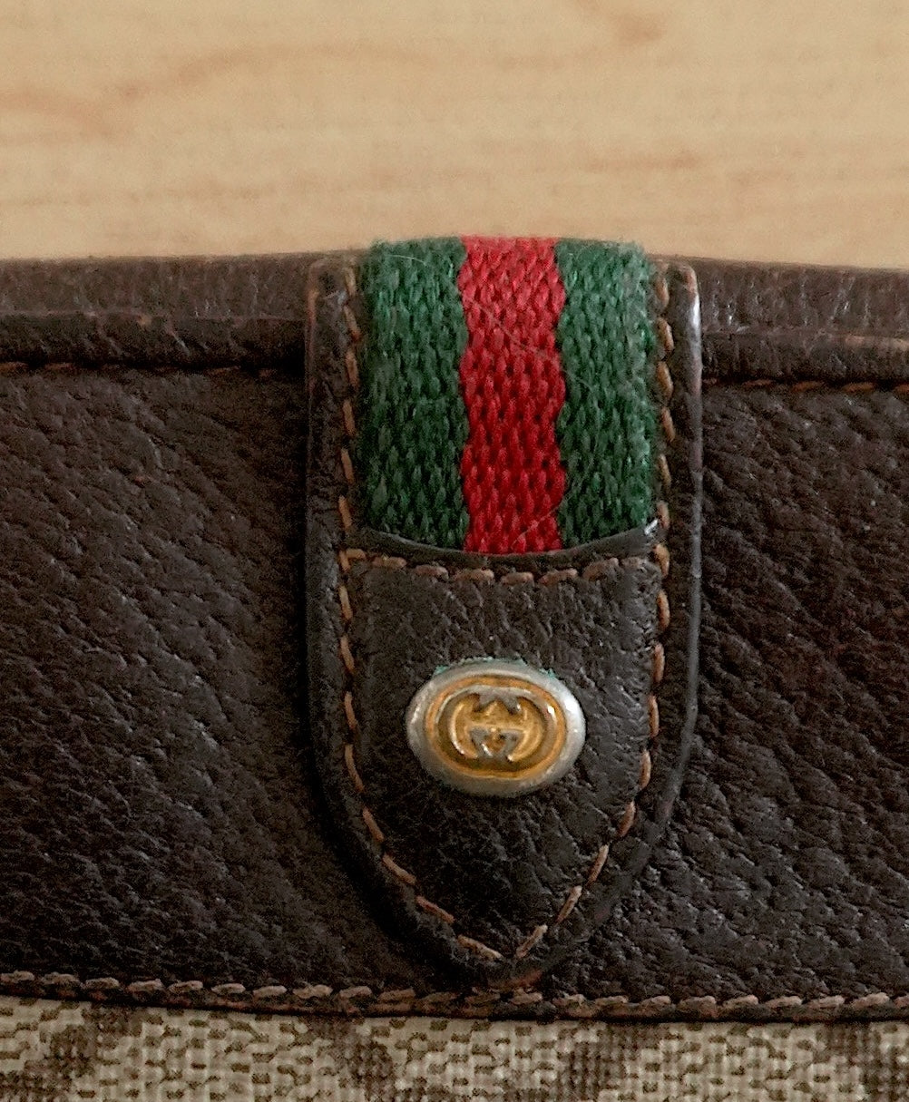 Gucci Vintage Wallet Sherry Brown Beige Leather GG Monogram Bifold Gold Logo