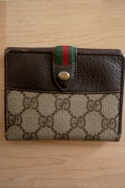 Gucci Vintage Wallet Sherry Brown Beige Leather GG Monogram Bifold Gold Logo
