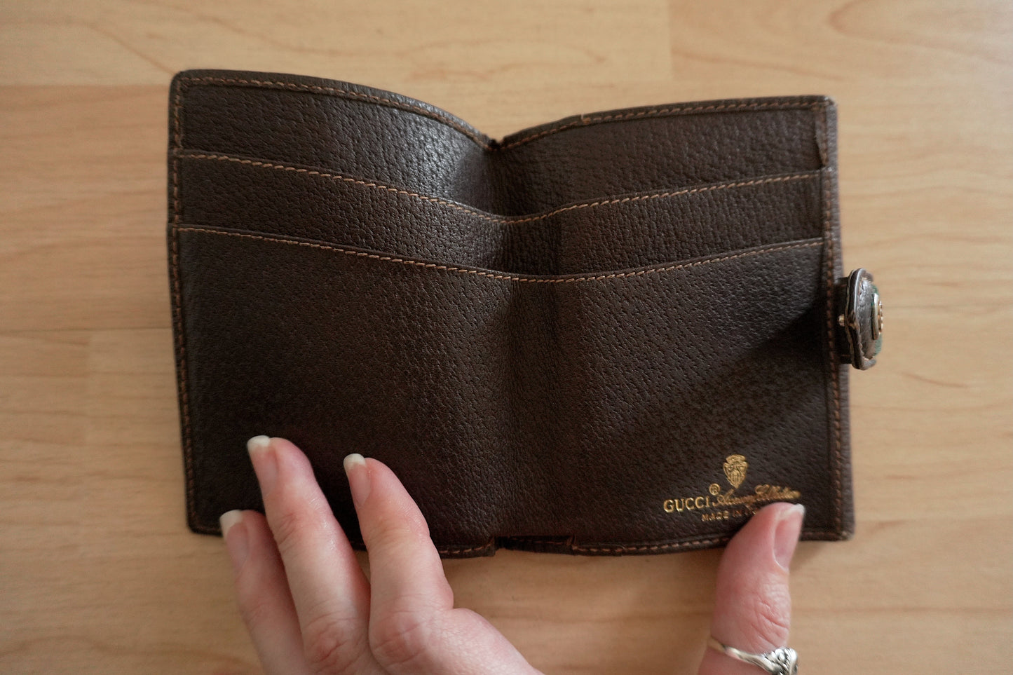 Gucci Vintage Wallet Sherry Brown Beige Leather GG Monogram Bifold Gold Logo