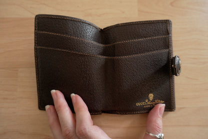 Gucci Vintage Wallet Sherry Brown Beige Leather GG Monogram Bifold Gold Logo